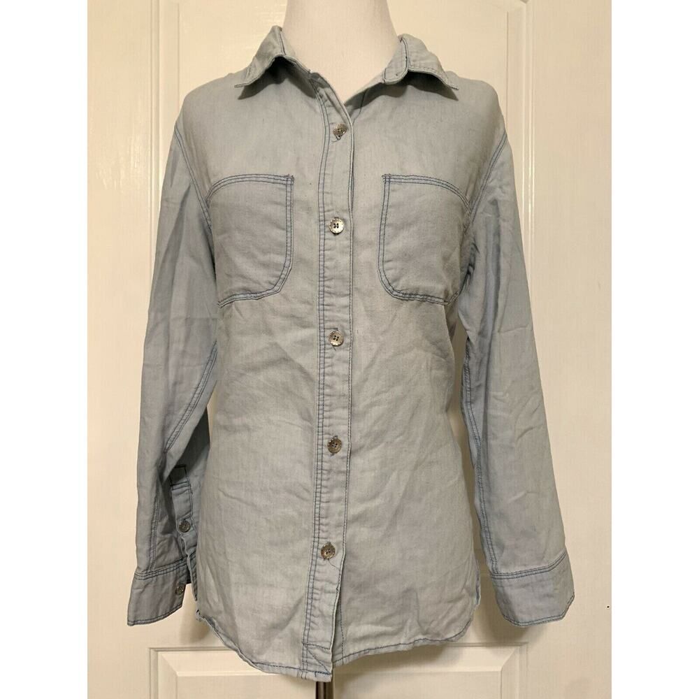 HONEY PUNCH Long Sleeve Light Blue Chambray Top Button Front Layer Oversized S